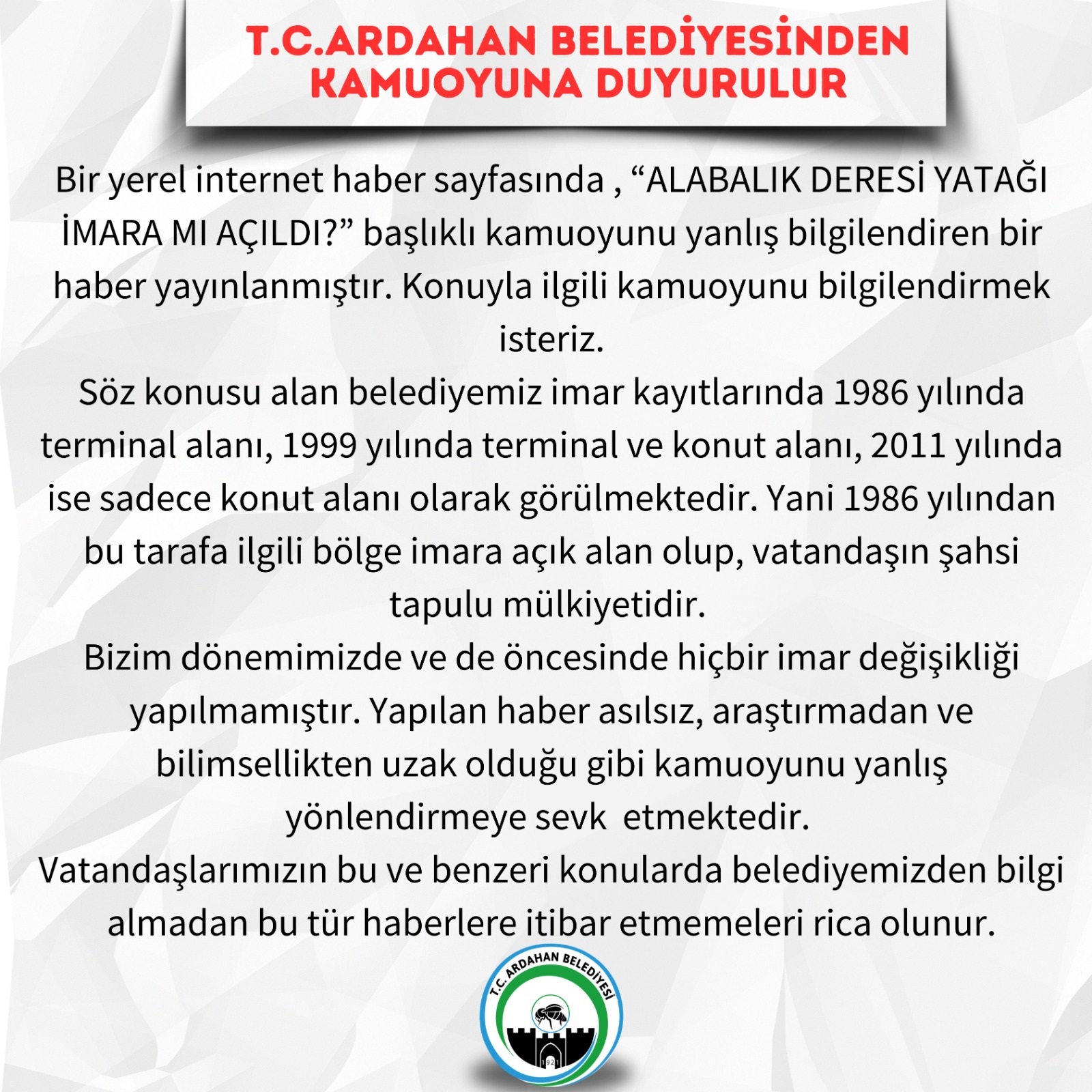 T.C. ARDAHAN BELEDİYESİ'NDEN KAMUOYUNA DUYURULUR